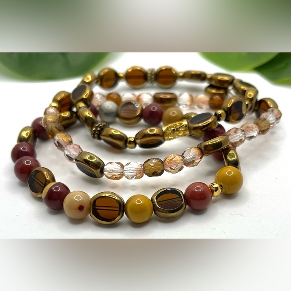 Stretch Bracelet,Natural Mookite Stone,gold Edge Electroplated topaz Glass Beads - Picture 2 of 7